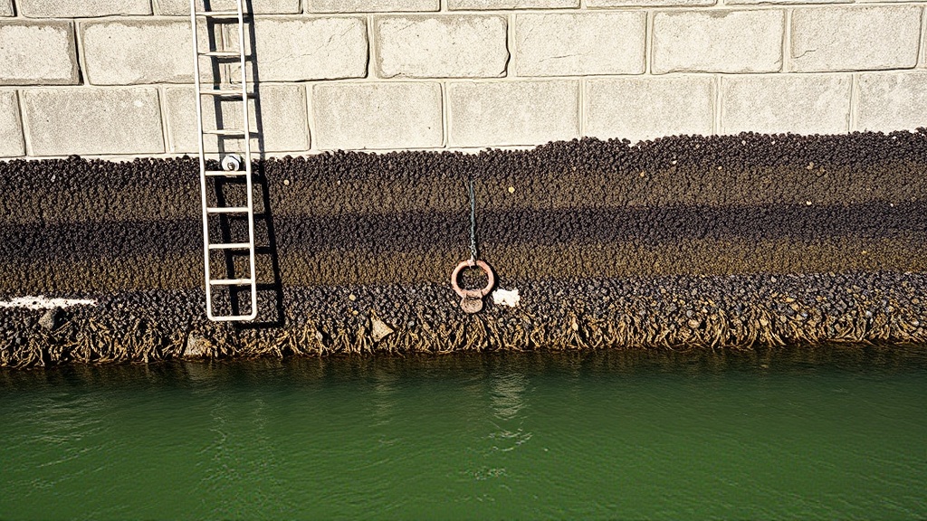La laisse de haute mer sur un mur de quai en granit, croûte de balanes et frange d'algues, l'eau redescendue loin en dessous.