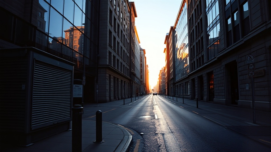 Une rue étroite entre des immeubles de bureaux quelques minutes après le lever du soleil, seuls les derniers étages éclairés.